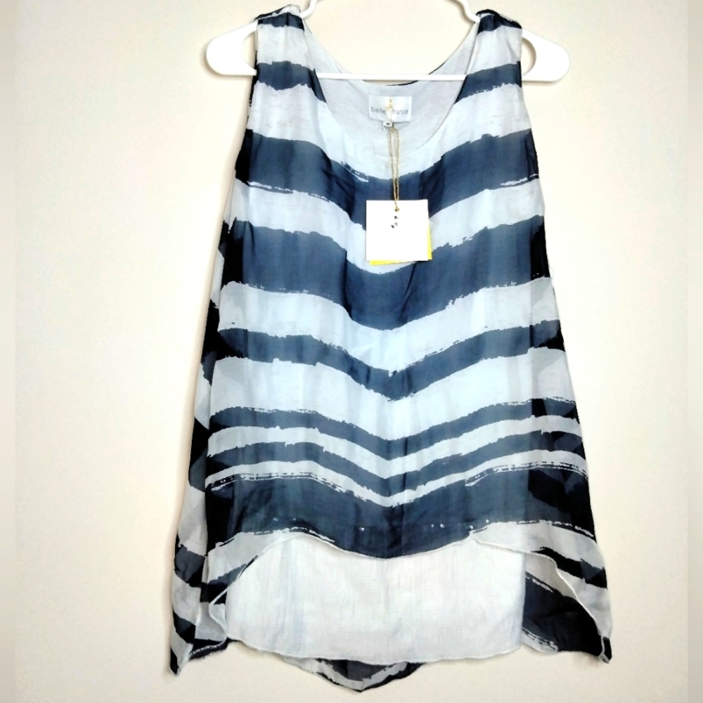 Belle France (Size M) Striped 100% Silk Overlay Sequin Border Blouse (NEW-NWT)